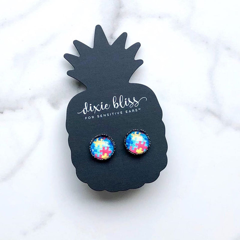 Puzzle Piece Crowned Photo Glass - Dixie Bliss - Single Stud Earrings