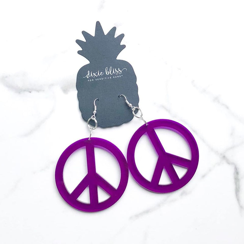 Peace Sign in Translucent Purple - Dixie Bliss - Dangle Earrings