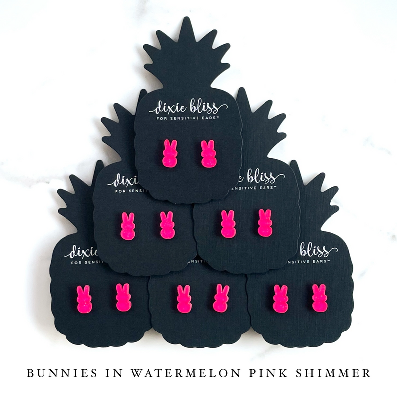 Bunnies in Watermelon Pink Shimmer - Dixie Bliss - Single Stud Earrings