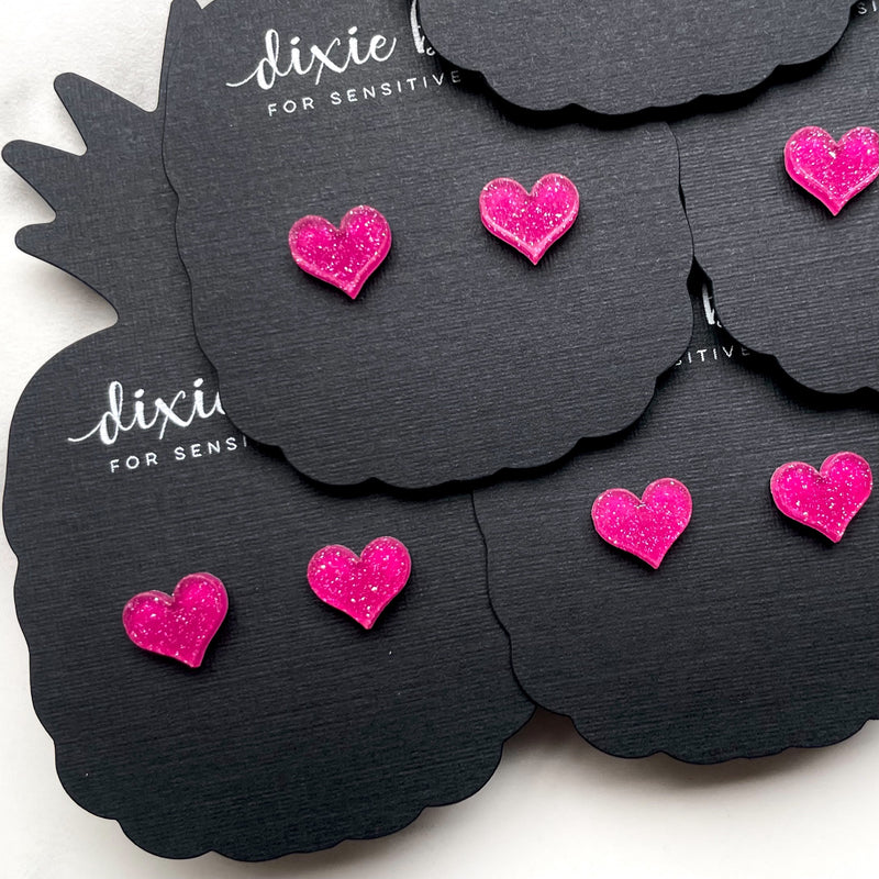 Micro Confetti Hearts in Raspberry Shimmer - Dixie Bliss - Single Stud Earrings